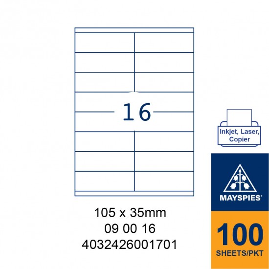MAYSPIES 09 00 16 LABEL FOR INKJET / LASER / COPIER 100 SHEETS/PKT WHITE  105X35MM